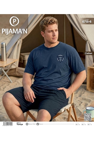 Pijamoni Erkek Battal Bisiklet Yaka Kısa Kol Şortlu Pijama Takımı 6715/6 - 1 Adet Lacivert