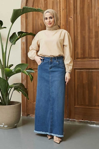 Neways 2252-Denim Püsküllü Etek Koyu Mavi