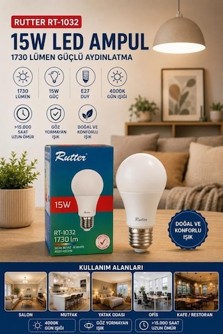 Rt-1032 E27 15w Led Ampul 4000k Günışığı Yüksek Lümen Güçlü Aydınlatma Yüksek Verimli Led Lamba