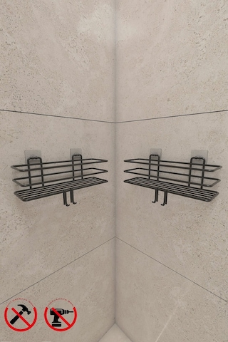 Güçlü Yapışkanlı Metal Kancalı Siyah Banyo Rafı 2 Adet Siyah