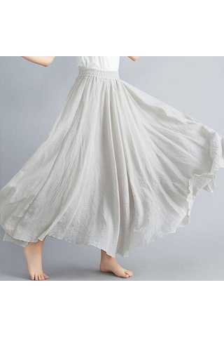 Yaz Sonbahar Kadın Etek Edebi Büyük Boy Pamuk Keten Yarım Etek Elastik Bel Keten A-line Etek Uzun Bölüm Saf Renk Rüzgar Salıncak Etek Bej