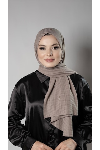 Hürrem Bone Vizon Pratik Hazır Geçmeli Tesettür Şal Örme Kumaş Taşlı Çiçek Desenli 2118c 10