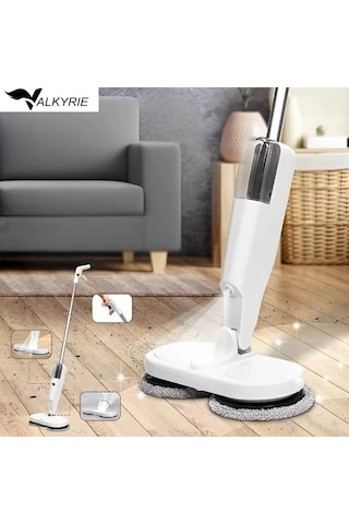 Valkyrie Şarjlı Su Püskürtmeli Elektrikli Mop Çift Döner Başlık, Mikrofiber Ped, 2000 Mah, Tüm Zeminlerde Etkili Beyaz