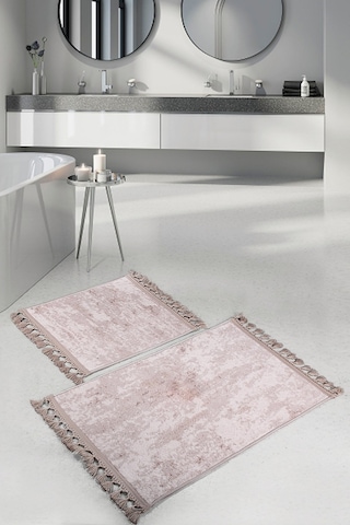 Nova Vizon 2'li Köşeli Ponpon Saçaklı Banyo 60 x 100 + 50 x 60 Gri