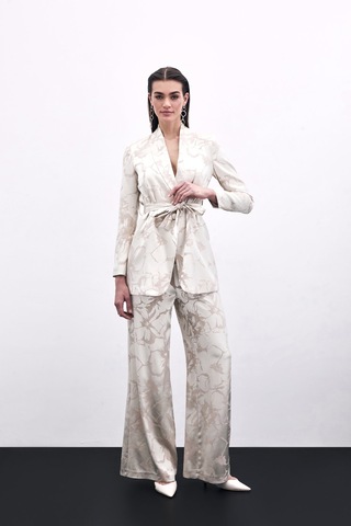 Sateen Renkli Jakarlı Pantolon - Bej-135835 Bej