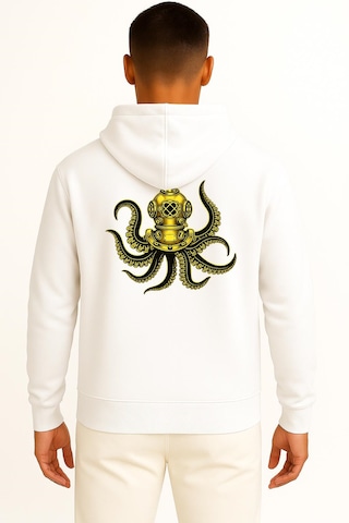 Bahriyeli Collection Kapüşonlu Steampunk Octopus Dalgıç Başlığı Göğüs Ve Sırt Baskılı Unisex Sweatshirt Beyaz