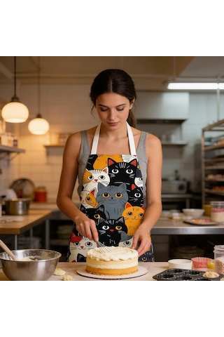 Valkyrie Kedi Desenli Mutfak Önlüğü Cepli Ayarlanabilir Askılı Unisex Mutfak Pişirme Servis Temizlik Önlüğü Siyah