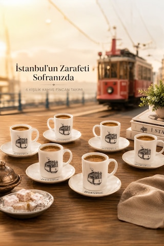 Porsima 1199 12 Parça Yaldızlı Porselen Türk Kahve Fincan Takımı - İstanbul Kahve Fincan Seti - 100ml Çok Renkli