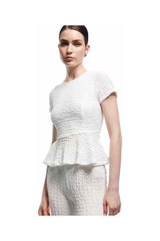 Koton Bürümcük Kumaş Dokulu Kısa Kollu Bisiklet Yaka Peplum Bluz Beyaz 5sak10533ek Beyaz