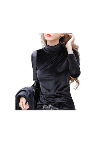 Siyah Temel Üst Esnek Soğuk Geçirmez Anti-boncuklanma Kadın Kadife Saf Renk Dip Gömlek Streetwear Siyah