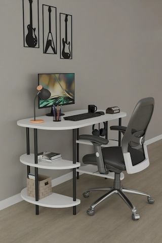 120 Cm Çalışma Masası Bilgisayar Masası 2 Raflı Kitaplık Ofis Ders Masası Ahşap Metal Ayaklı Beyaz