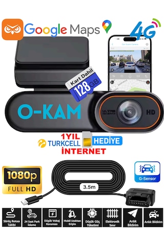 O-kam 128gb Araç Içi Kamera Uzaktan Araç Kamerasını İzleme 1080p Kamera Gps +1 Yıl 4g İnternet
