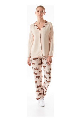 Fullamoda Kaplan Desenli Gömlek Yaka 2 Li Pijama Takımı 24mıcg631216521-bej Bej