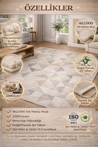 Modern Geometrik Salon Halısı Leke Tutmaz Akrilik 462.000 Sık Dokuma 9mm Yumuşak Halı Çok Renkli