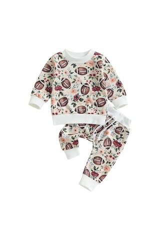 Kayısı Yürümeye Başlayan Bebek İki Parçalı Kıyafet Futbol Baskı Uzun Kollu Üstler Ve Elastik Pantolon Seti Bebek Kız Erkek Sonbahar Giysileri Krem