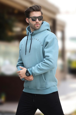 Madmext Mavi Kapüşonlu Cep Detaylı Nakışlı Erkek Sweatshirt 7054-mavi Mavi