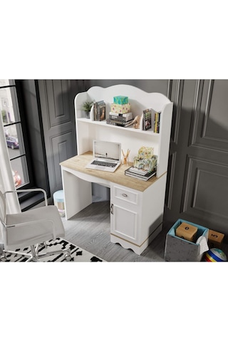 Baby Darling %100 Mdf Lisa Çalışma Bilgisayar Masası Meşe Beyaz Üst Ünite Dahil Beyaz