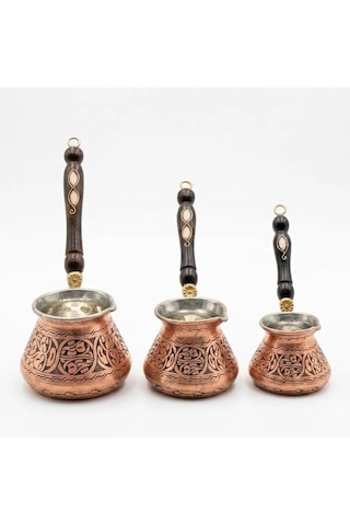 Aura Copper 3'lü Bakır Cezve Seti 2-4-6 Kişilik Türk Kahvesi Cezvesi