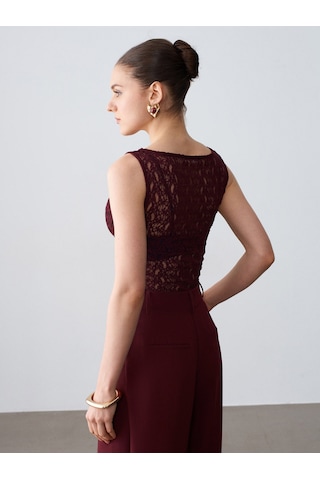 Dilvin 21202 Dantel Detaylı Kolsuz Top-bordo