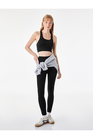 Koton Slim Fit Yüksek Bel İnterlok Kumaş Spor Tayt Siyah 7wak40031nk
