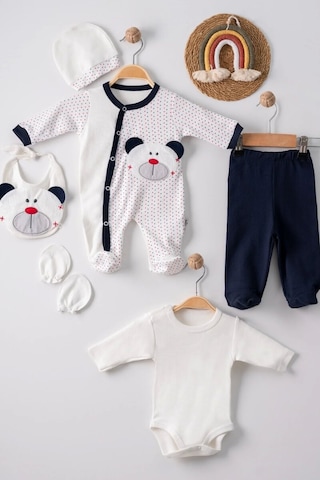 Cojans Puanlı Ayıcık Nakışlı Tulumlu % 100 Pamuk Erkek Bebek 5'li Set Çok Renkli