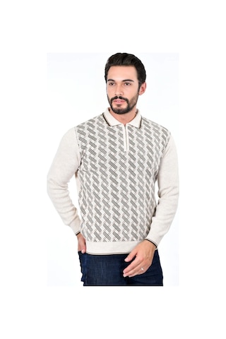 Kamalı Erkek Çelik Örgü Gömlek Yaka Fermuarlı Polo Yakalı Çizgili Desen Tüylenmeyen Triko Kışlık Baba Kazak Taş