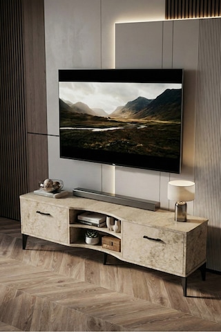 Reyo Falez Vera Tv Sehpası 160x35x50 Cm Çok Amaçlı Televizyon Ünitesi Raflı Dolaplı Salon Oturma Odası 5056 Traverten