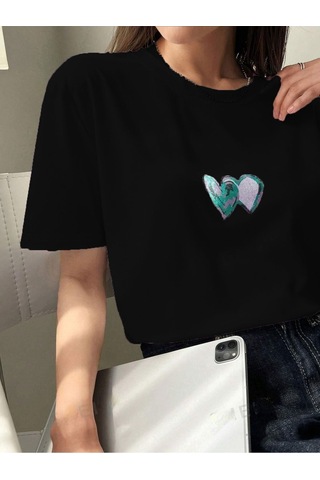 Çift Kalp Logo T-shirt - Siyah Baskılı Oversize Bisiklet Yaka Kısa Kol Tişört Siyah