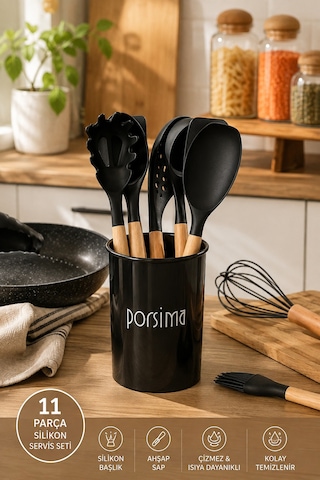 Porsima 3165 Standlı Bambu Silikon 11 Parça Servis Takımı Seti Siyah