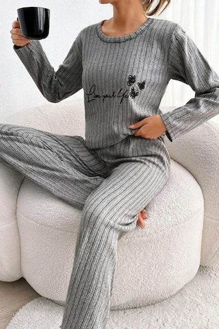 Zhlbutik Genç Baskılı İ Nterlok Pijama Takımı Açık Gri
