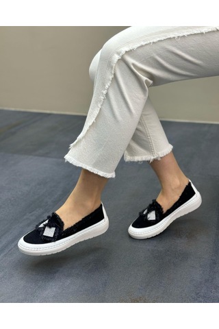 Siyah Renk Taşlı Düz Taban Kadın Kot Sneakers Siyah