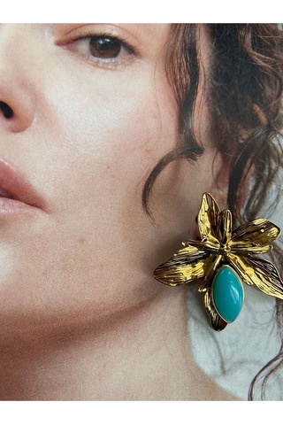 Pinery Jewels Firuze Taşlı Yaprak Paslanmaz Çelik Kadın Küpe Çifti Altın