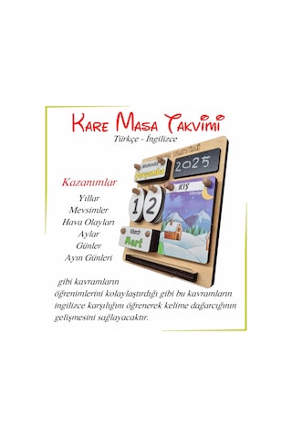 Ahşap Kare Masa Takvimi Türkçe İngilizce Öğrenimi