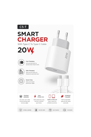 C5t Smart Charger 20w Type C To Type C Kablolu Hızlı Şarj Aleti Fast Charging Smart Chip Safe Charging Usb C Adaptör Ve Şarj Kablosu
