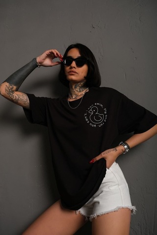 Technomonkey Unisex Siyah Oversize Ördek Baskılı Techno Tişört
