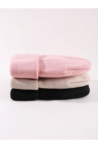 Eke Tekstil Unisex Katlamalı 3'lü Bere Seti Pembe - Siyah - Taş