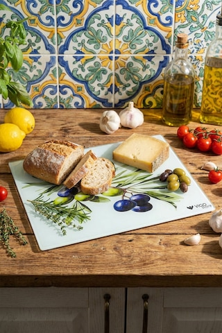 Makri Home Üzüm Desenli Cam, Kesme Tahtası, 25 35 Cm Beyaz