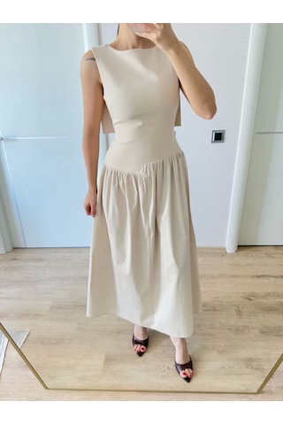 Krep Arkası Kanat Arka Ön Pens Detaylı Uzun Kadın Elbise - Bej Bej