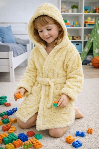 Luna Soft Kız / Erkek Çocuk Kapşonlu Wellsoft Bornoz Peluş Sabahlık Sarı Sarı