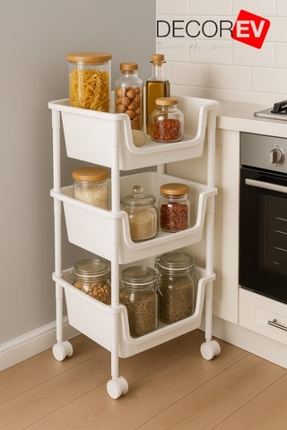 3 Katlı Tekerlekli Plastik Organizer Raf Çok Amaçlı Mutfak, Banyo Ve Ofis Düzenleyici Beyaz Dc-6821 Beyaz