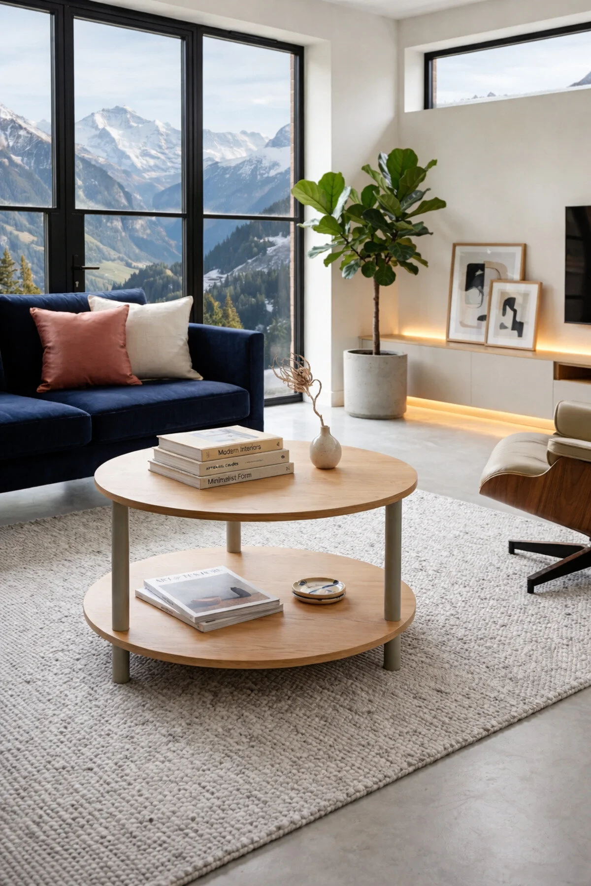 Oval Modern Kolay Kurulum İki Katlı Yuvarlak Orta Sehpa Raflı Şık Dayanıklı Safir Meşe