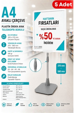 5 Adet - A4 Ayaklı Fiyat Etiketlik Teleskopik Borulu Çerçeve Etiketlik Yönlendirme Levhası Menü Panosu Beyaz