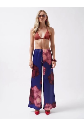 Defymoda Bel Lastikli Desenli Saten Pantolon Lacivert