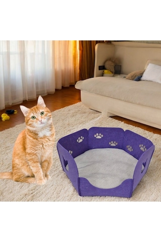 Kedi Yatağı Yuvası Evi Minderli Taşınabilir 3 Mm Keçe Altıgen Tasarım Yuva+minder Mor