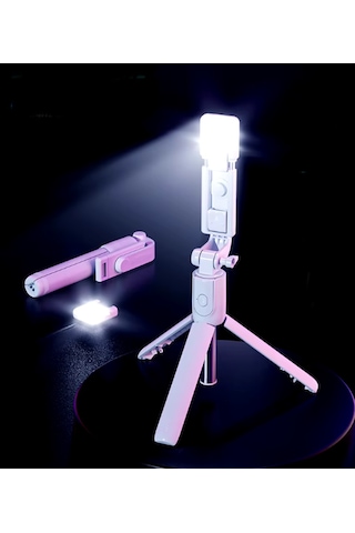 S03 Led Işıklı Tripod Bluetooth Kumandalı 3in1 Selfie - Pembe
