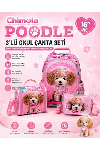 Chimola Poodle 3'lü Okul Çanta Seti 16" Sırt Çantası + Beslenme Çantası + Kalem Çantası Çok Renkli