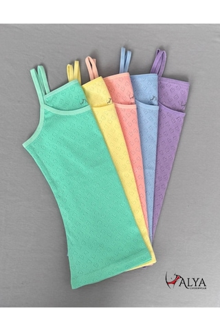 Alya Underwear Kız Çocuk - Garson İp Askılı %100 Pamuklu Atlet Kalpli Jakarlı Kumaş 5'li Paket Çok Renkli P15
