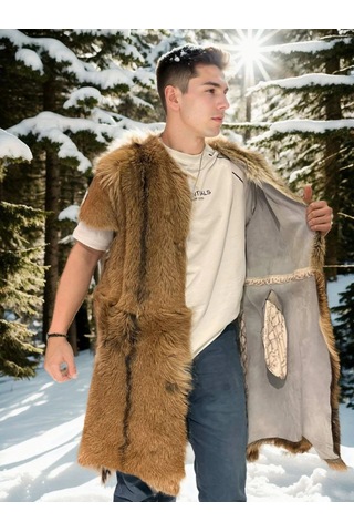 Unisex Kolsuz Uzun Yelek - Kahve Çok Renkli