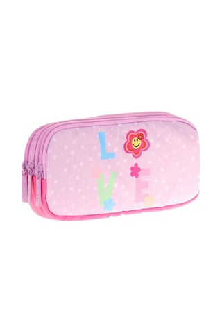 Kaukko Kids Üç Bölmeli Pembe Lila, Love Desenli, Kız Çocuk Okul Kalem Çantası - L8211 Kırmızı - Pembe