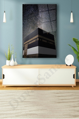 Kabe Kutsal Topraklar İslami Dikey Cam Tablo Evlika Dini Modern Ev Ofis Salon Hediyelik Büyük Tablo